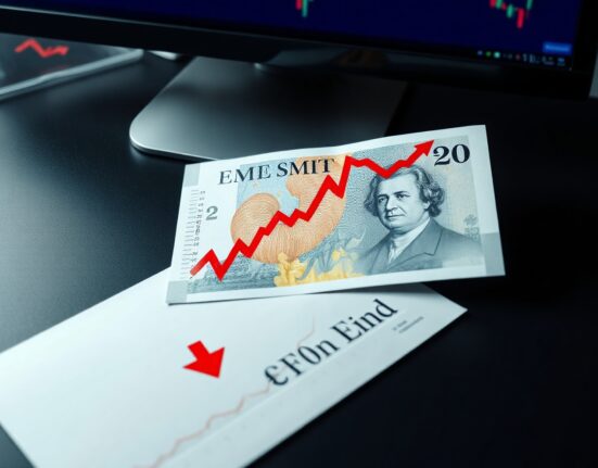 British pound banknote with red downward trendline on trading desk, representing bearish technical analysis.