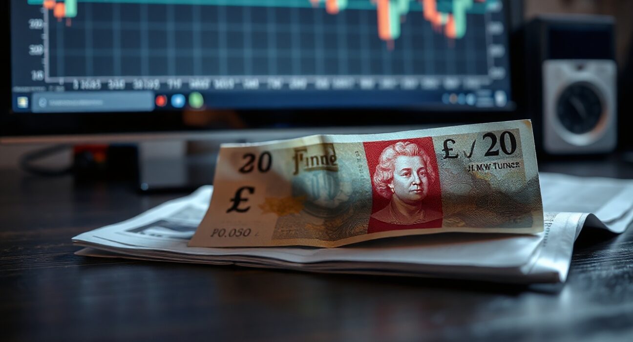 Close-up of a British Pound banknote on a desk with a blurred financial chart in the background.
