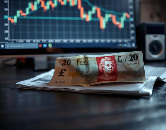 Close-up of a British Pound banknote on a desk with a blurred financial chart in the background.