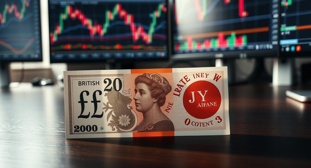 British pound and Japanese yen banknotes on a desk with blurred financial charts in background
