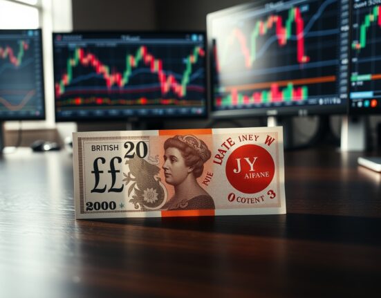 British pound and Japanese yen banknotes on a desk with blurred financial charts in background