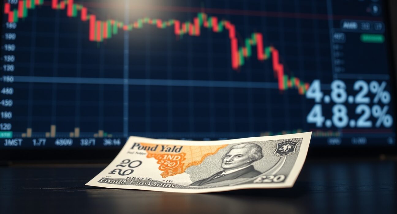 British Pound banknote with blurred trading screen showing falling bond yields