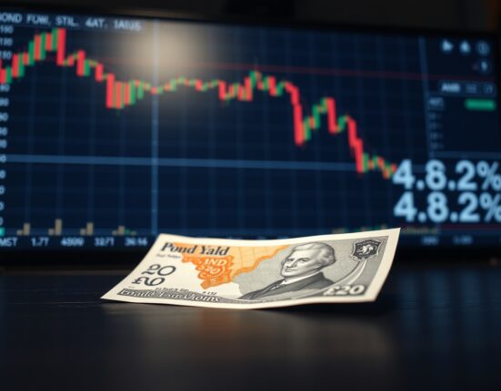 British Pound banknote with blurred trading screen showing falling bond yields