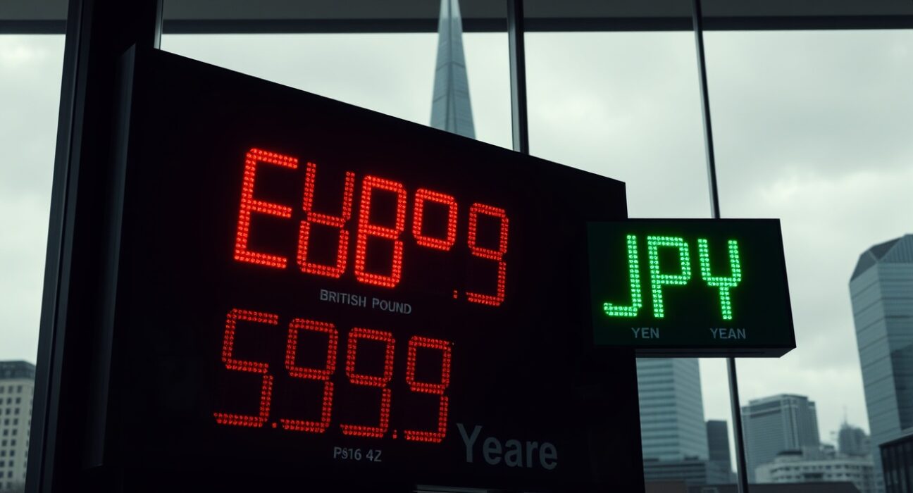 Currency exchange board showing GBP and JPY rates in a London financial district
