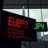 Currency exchange board showing GBP and JPY rates in a London financial district