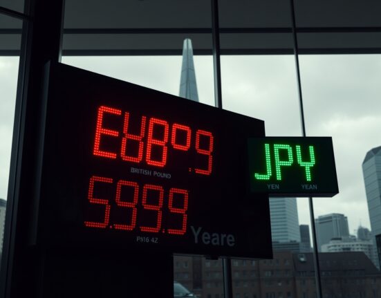 Currency exchange board showing GBP and JPY rates in a London financial district