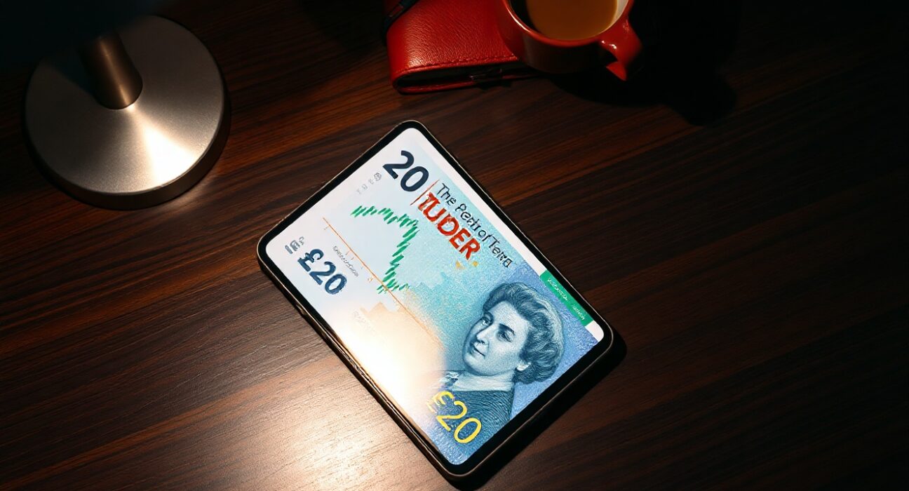 British pound banknote on desk with trading chart on smartphone