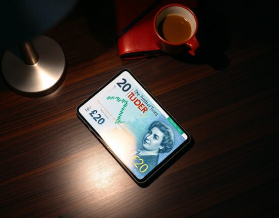 British pound banknote on desk with trading chart on smartphone