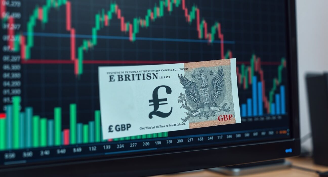 British pound banknote with blurred financial charts in background, representing forex market analysis