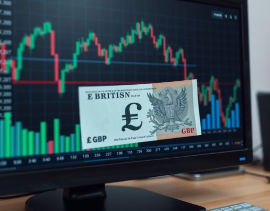 British pound banknote with blurred financial charts in background, representing forex market analysis