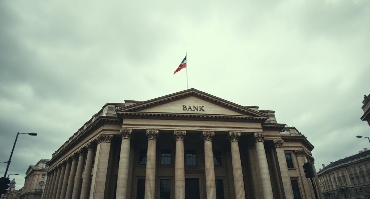 Bank of England building in London under overcast sky, representing cautious market sentiment ahead of monetary policy decision.