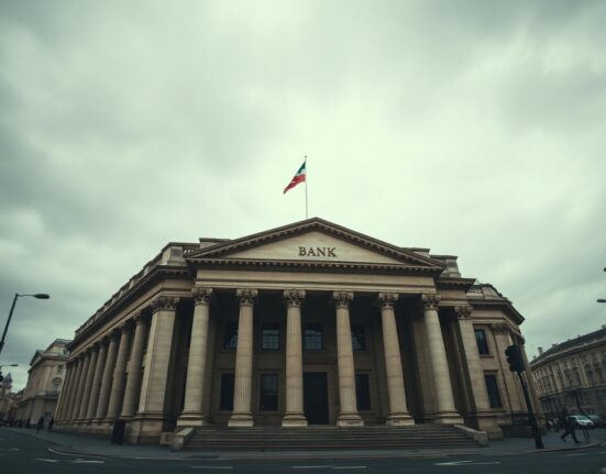Bank of England building in London under overcast sky, representing cautious market sentiment ahead of monetary policy decision.