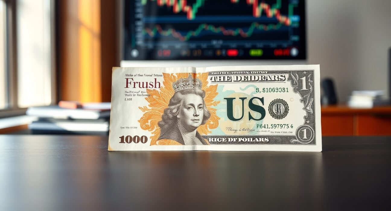 British Pound and US Dollar banknotes on a desk with financial charts in the background