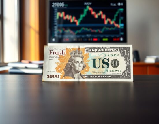 British Pound and US Dollar banknotes on a desk with financial charts in the background