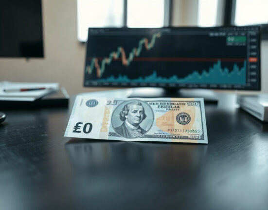 British Pound and US Dollar banknotes with an upward chart in background, representing GBP/USD upside bias