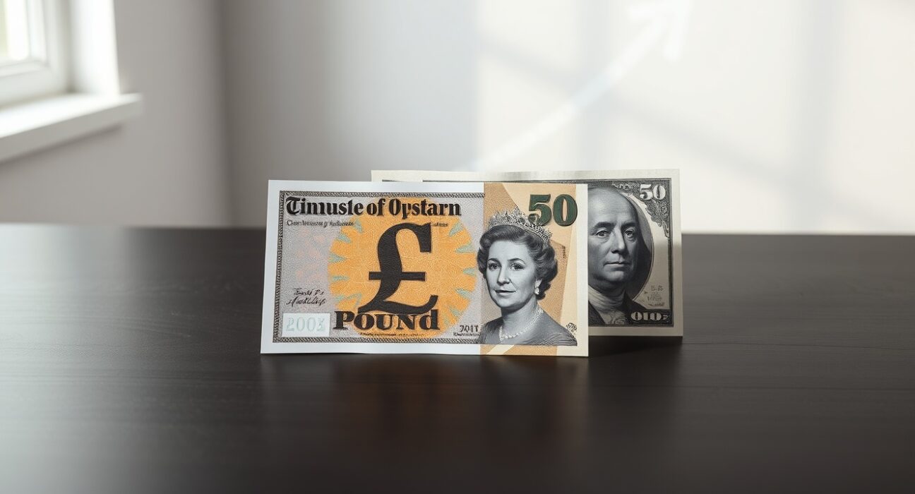 British Pound and US Dollar banknotes on a wooden surface, representing currency analysis.