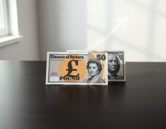 British Pound and US Dollar banknotes on a wooden surface, representing currency analysis.