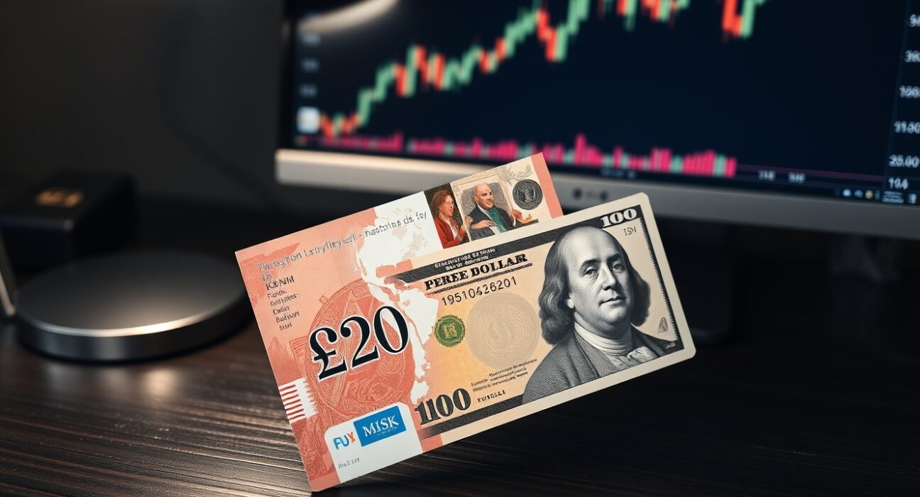 British Pound and US Dollar banknotes on a desk with a forex chart in the background