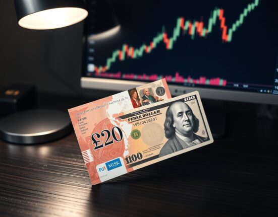 British Pound and US Dollar banknotes on a desk with a forex chart in the background