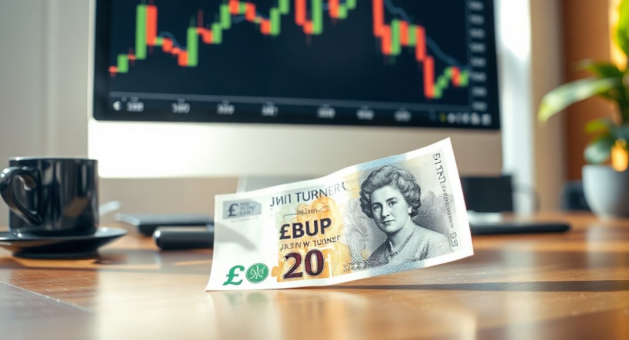 British Pound banknote on a desk with a computer monitor showing GBP/USD chart in the background