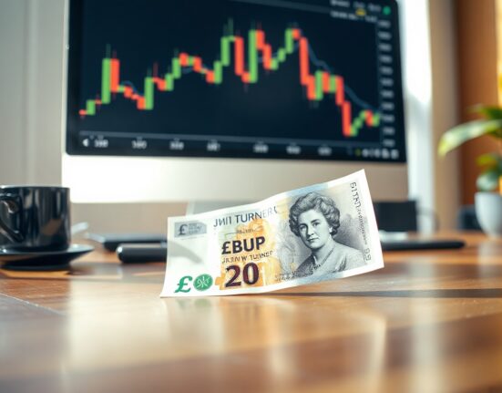 British Pound banknote on a desk with a computer monitor showing GBP/USD chart in the background