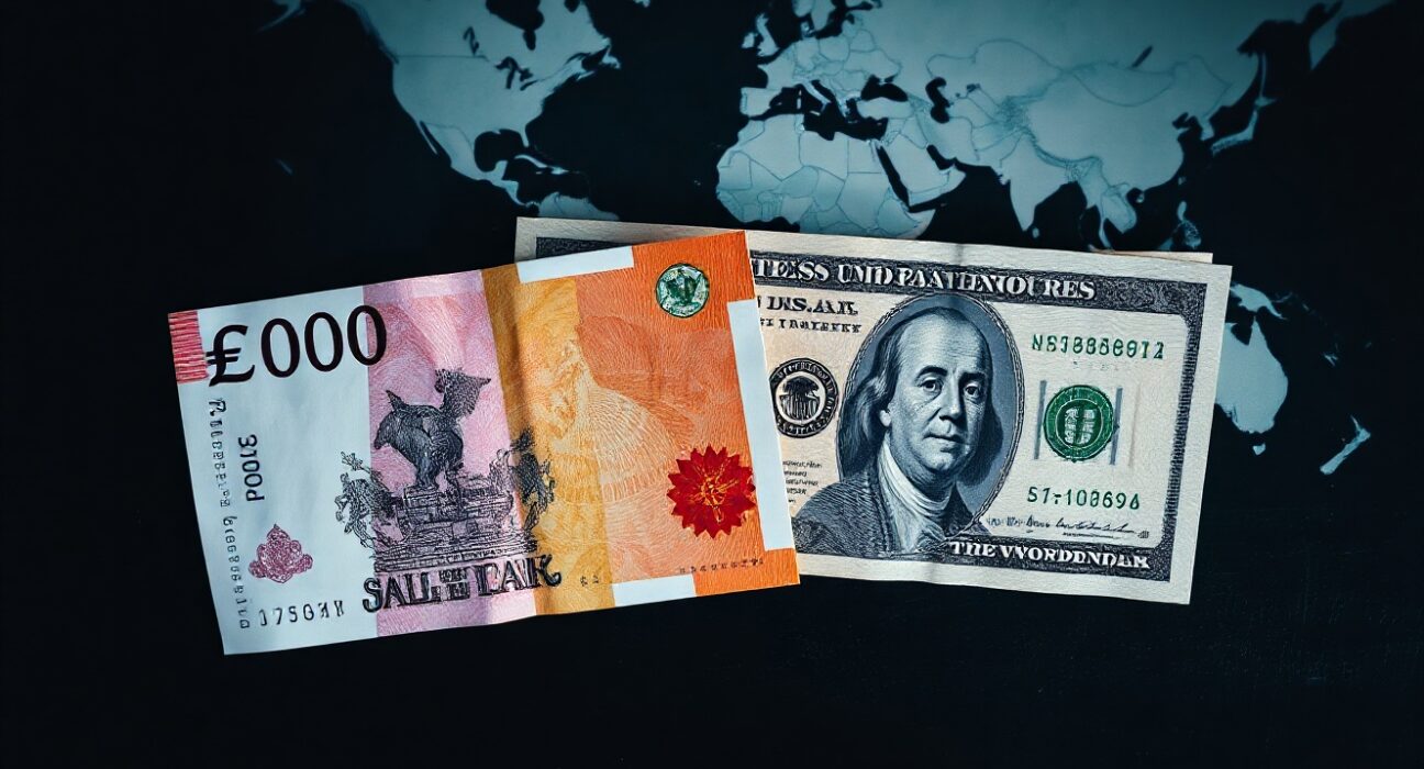 British Pound and US Dollar banknotes on a desk, symbolizing forex market tension amid geopolitical risks.