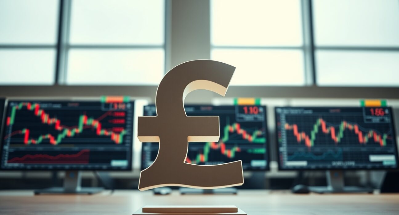 British Pound symbol on trading desk with charts in background