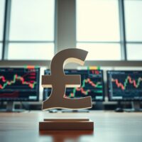 British Pound symbol on trading desk with charts in background