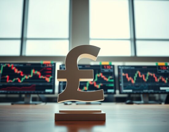 British Pound symbol on trading desk with charts in background