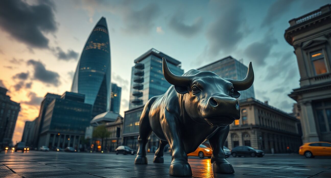 Bronze bull statue in London financial district at dusk with city skyline