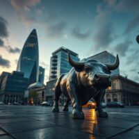 Bronze bull statue in London financial district at dusk with city skyline