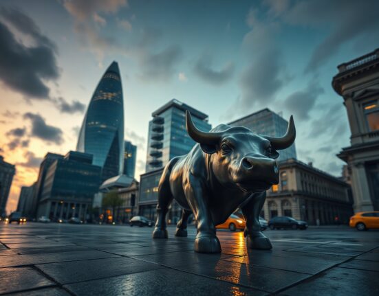 Bronze bull statue in London financial district at dusk with city skyline