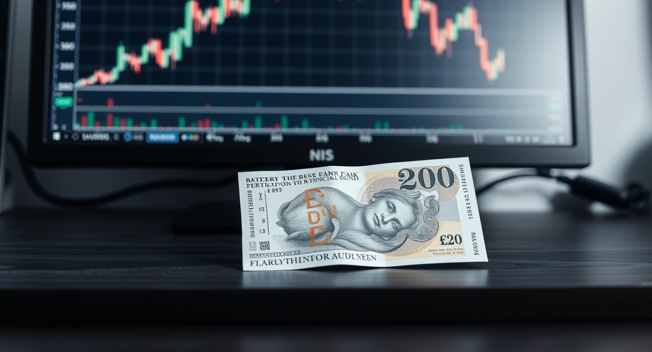 British pound banknote on desk with financial chart in background, representing forex market analysis.