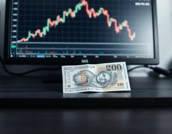 British pound banknote on desk with financial chart in background, representing forex market analysis.