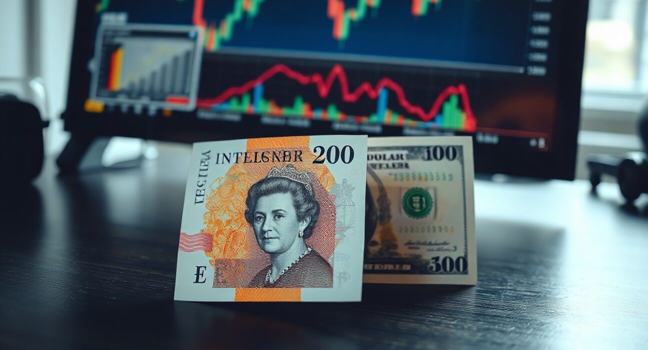 British Pound and US Dollar banknotes on a desk with financial charts in the background