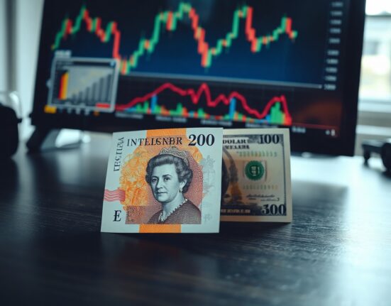 British Pound and US Dollar banknotes on a desk with financial charts in the background