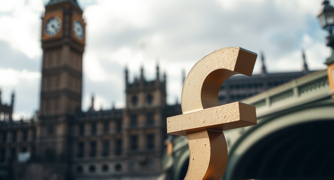 British Pound symbol with Houses of Parliament in background representing UK political risk