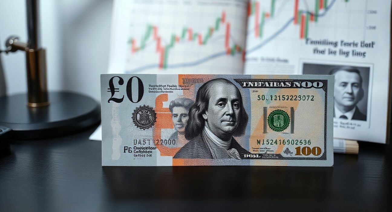 British pound and US dollar banknotes on a desk with a financial chart background.