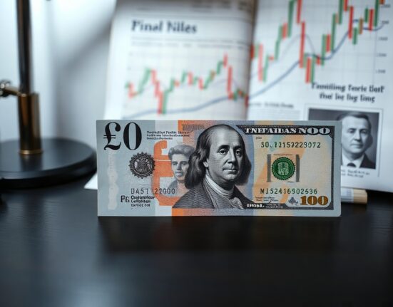 British pound and US dollar banknotes on a desk with a financial chart background.