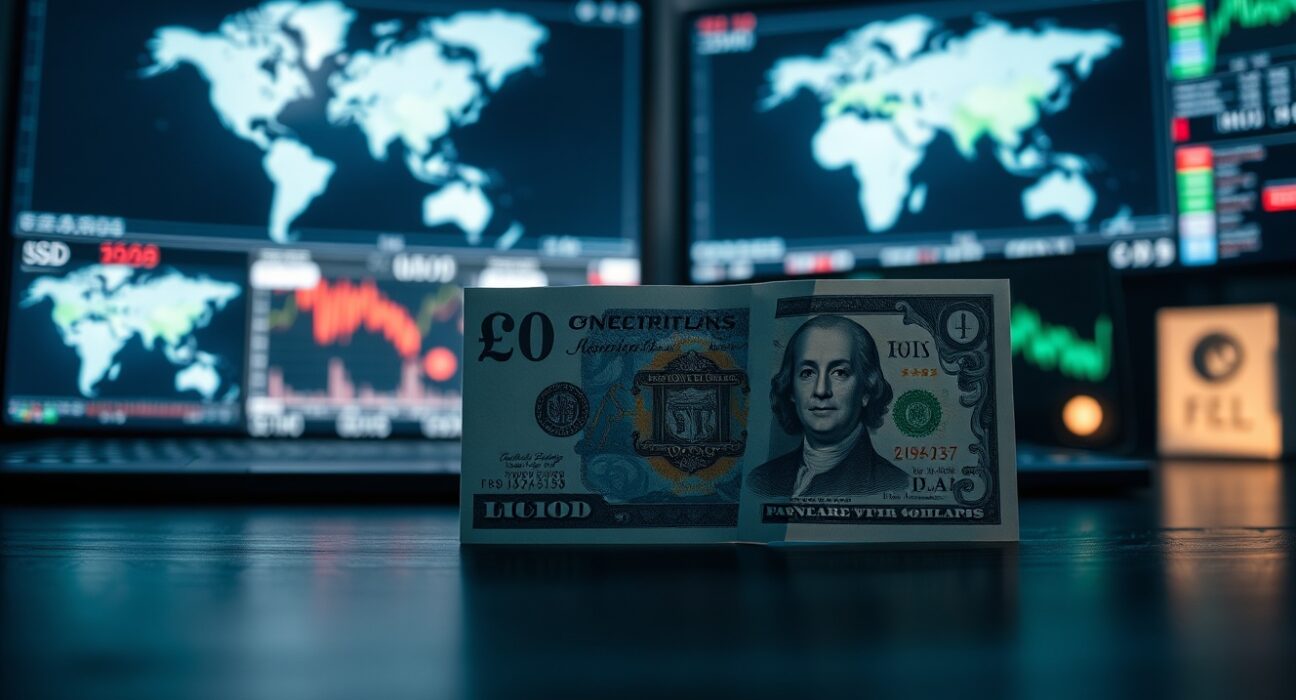 British pound and US dollar banknotes on a desk with financial charts in background