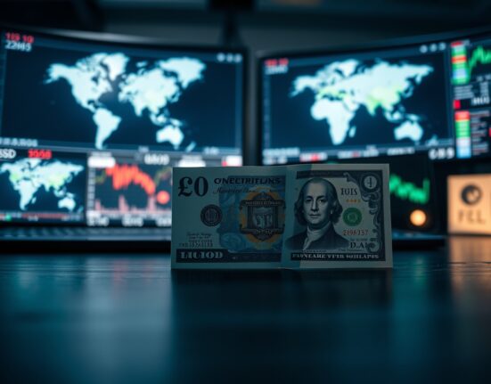 British pound and US dollar banknotes on a desk with financial charts in background