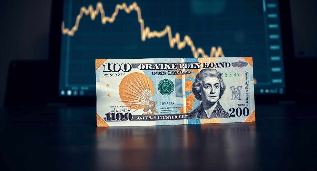 British Pound and US Dollar banknotes on desk with chart background, representing forex analysis.