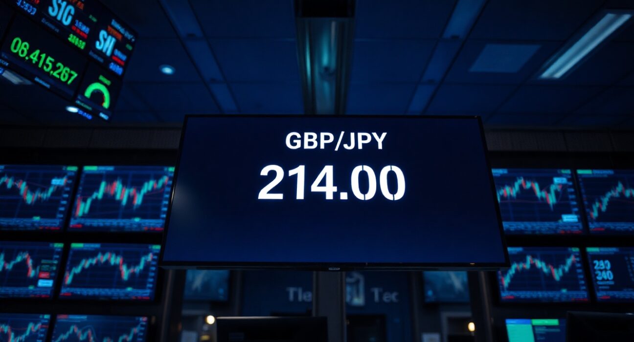 Digital trading screen showing GBP/JPY exchange rate near 214.00 on a dimly lit forex trading floor.