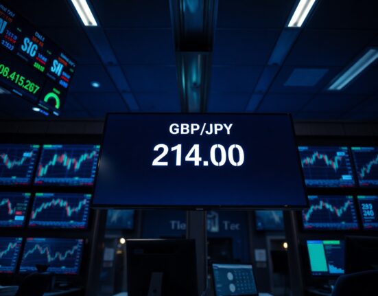Digital trading screen showing GBP/JPY exchange rate near 214.00 on a dimly lit forex trading floor.