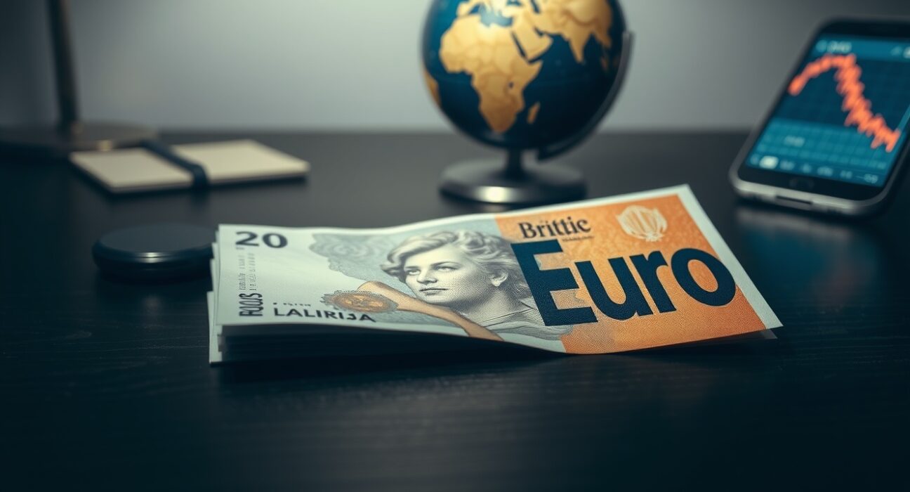 British pound and euro banknotes on a desk with a smartphone showing a downward chart, representing currency market weakness.