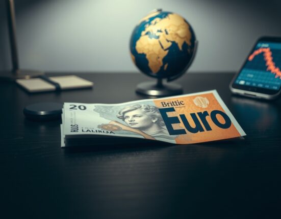 British pound and euro banknotes on a desk with a smartphone showing a downward chart, representing currency market weakness.