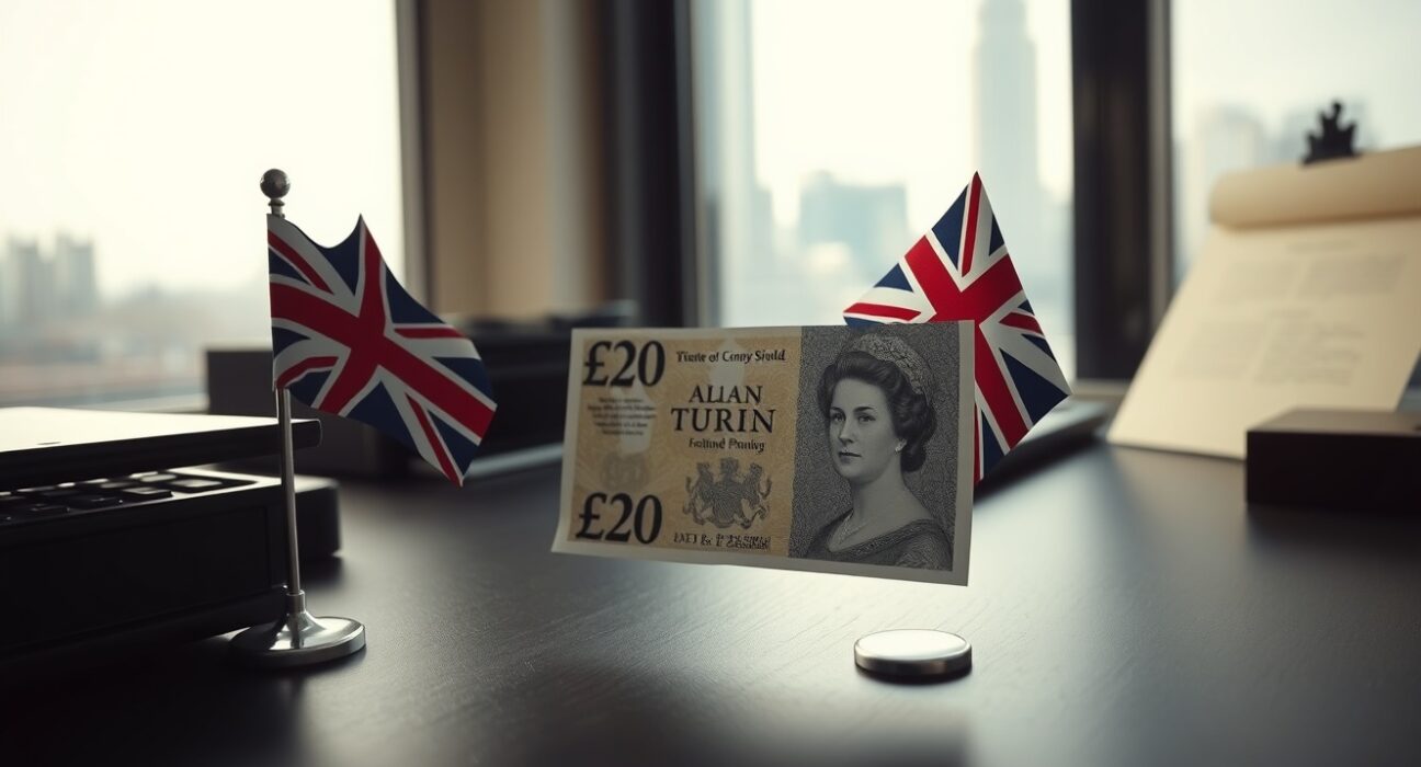 British pound banknote on desk with Union Jack flag, representing UK currency and political risk.
