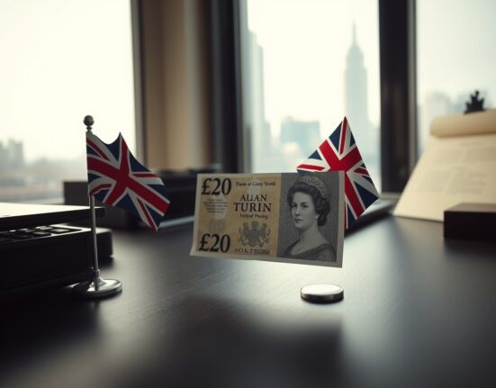 British pound banknote on desk with Union Jack flag, representing UK currency and political risk.