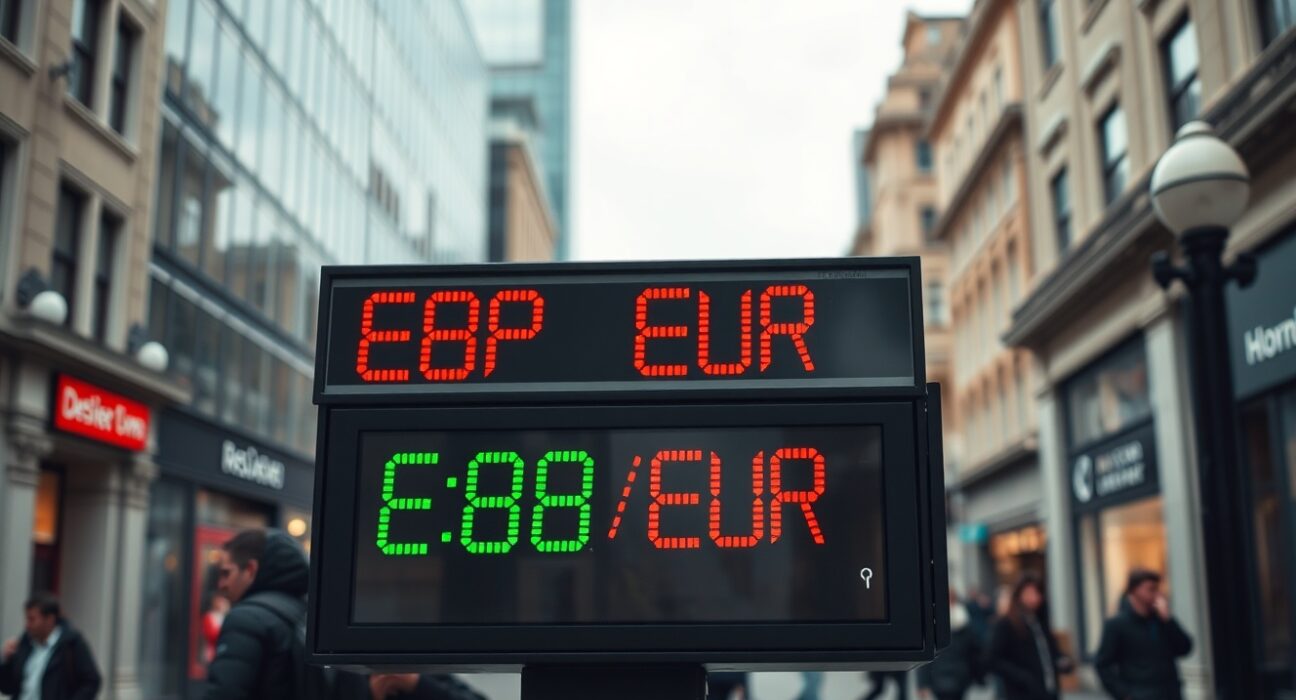Digital currency exchange board showing GBP/EUR rate in London financial district