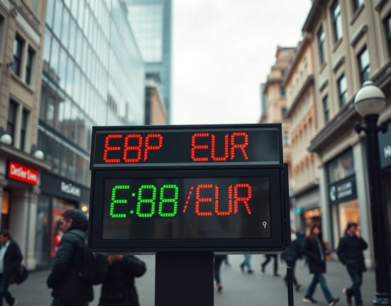 Digital currency exchange board showing GBP/EUR rate in London financial district